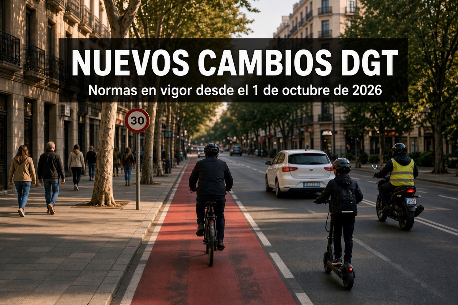Calle de una ciudad española con un ciclista en el carril bici, un usuario de patinete eléctrico con casco y un motorista con chaleco de alta visibilidad: nuevas normas de la DGT en vigor desde el 1 de octubre de 2026