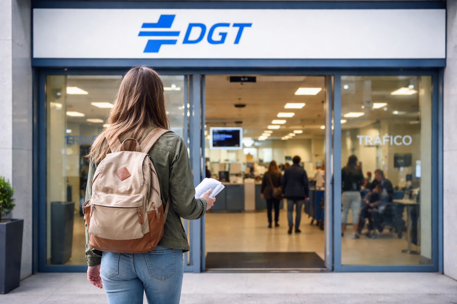 Estudiante entrando a una oficina de la DGT para presentarse al examen teórico por libre