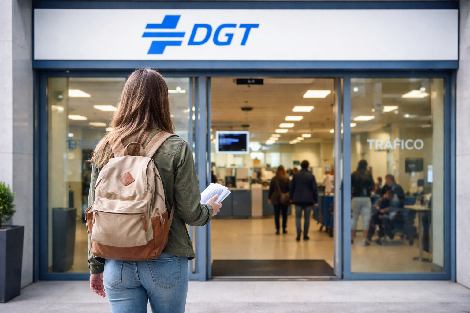 Estudiante entrando a una oficina de la DGT para presentarse al examen teórico por libre