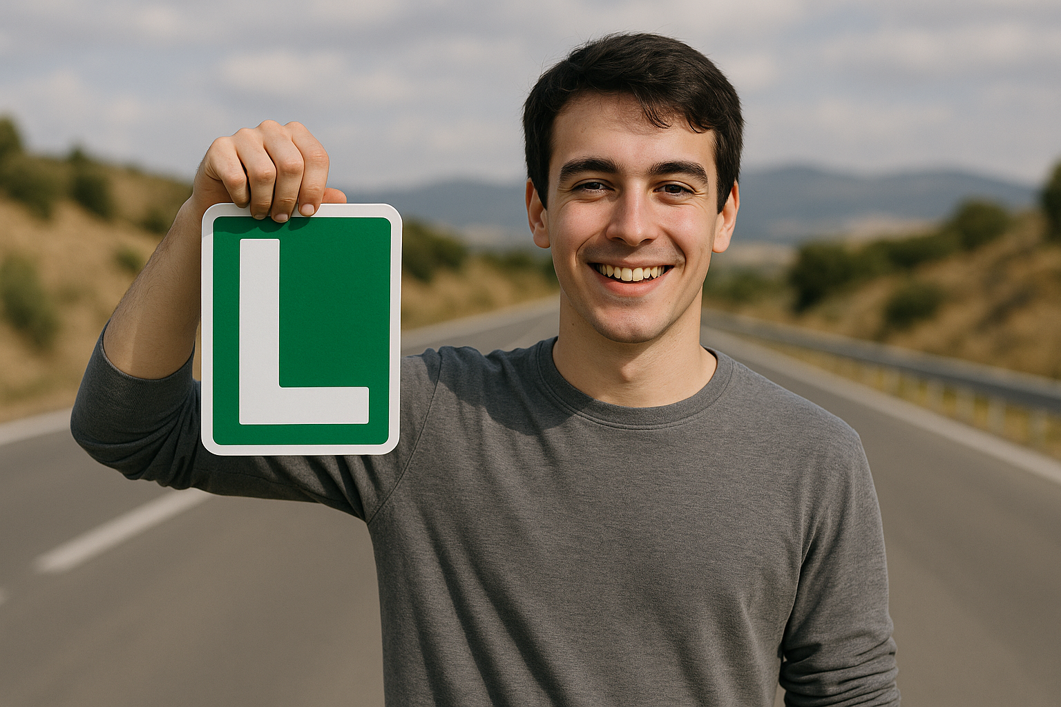 Estudiante con señal L de conductor novel en una carretera
